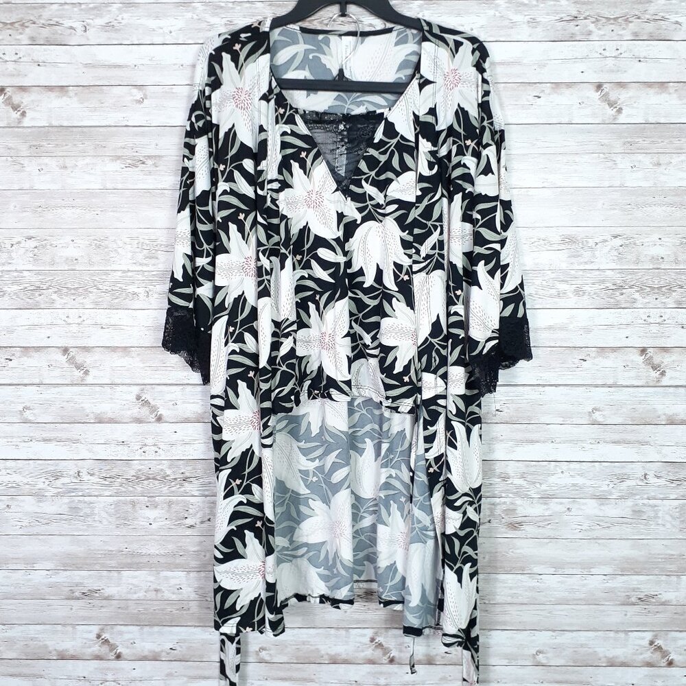 Flora Nikrooz Womens Cami Short Robe Pajama Set L Floral Lily Black Lace 295
